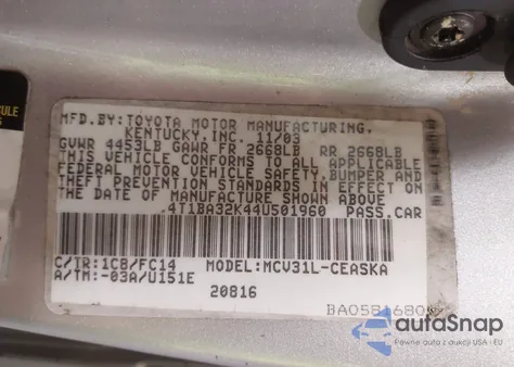 2004 Toyota Camry Se V6 z USA, uszkodzony, nr VIN 4T1BA32K44U501960